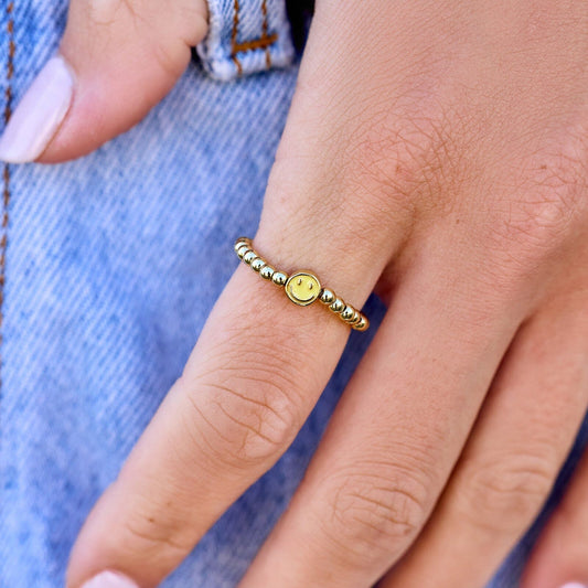 Happy Face Gold Bead Stretch Ring